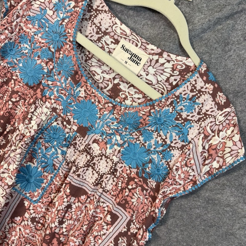 Savanna Jane Blouse Womens 1X Brown Blue Embroidered Floral Boho